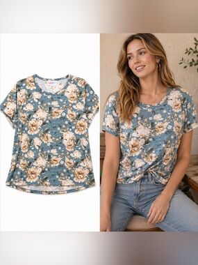 LuLaRoe Classic Tee 3XL Blue Floral Butterfly Print Short Sleeve Top Plus Size